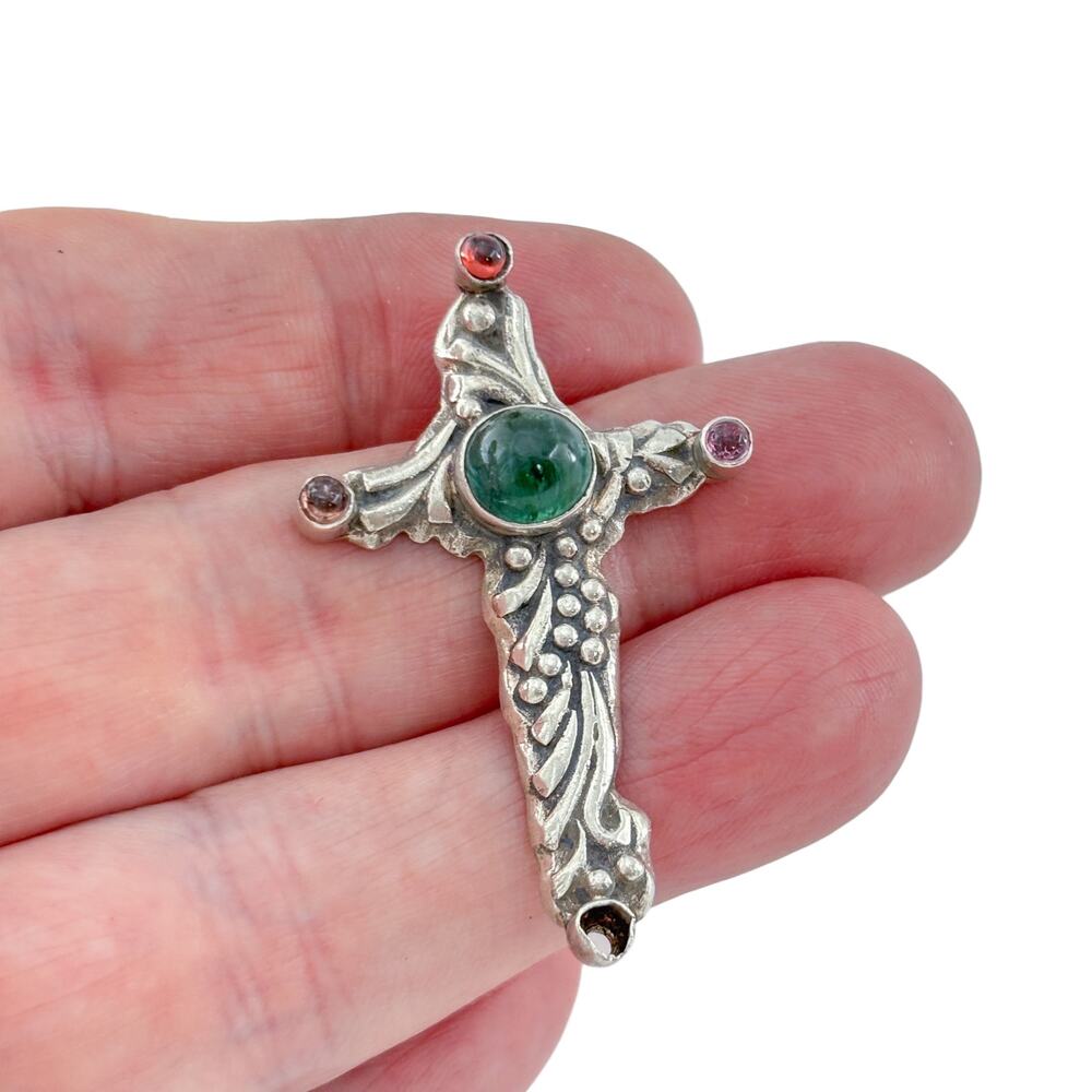Vintage Sterling Silver Emerald and Tourmaline Cross Pendant